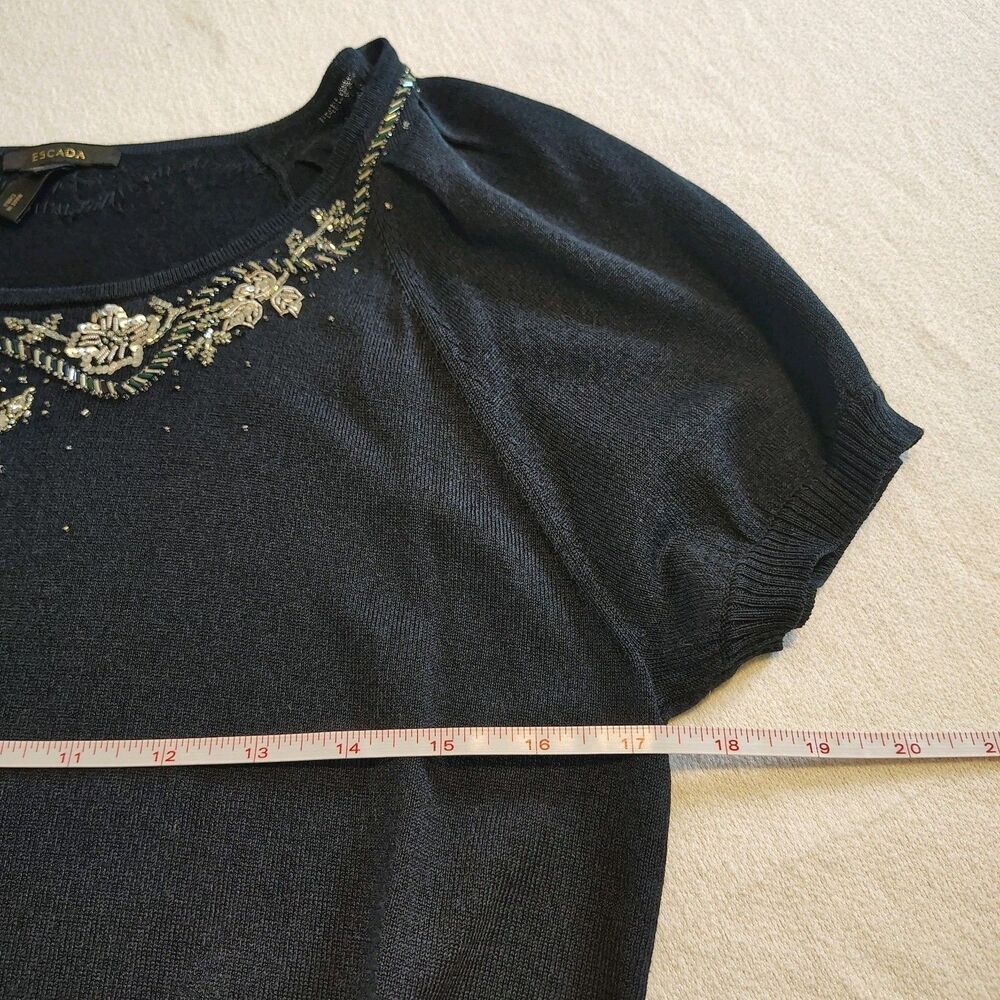 Escada Womens Beaded Knit Top Size 38 Navy Scoop Neck Short Sleeve Sweater - Picture 5 of 9